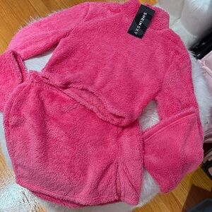 SHEIN XS Set New Hot Pink Plush Turtleneck Sweater and Skirt Stretchy Band